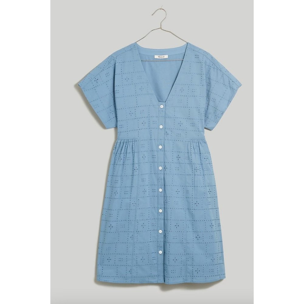 Madewell $98 Button Front V-Neck Mini Dress Lake Blue Eyelet Size M NL447